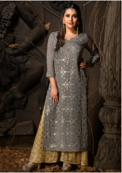 Grey Color Designer Chiffon Straight Cut Kurti